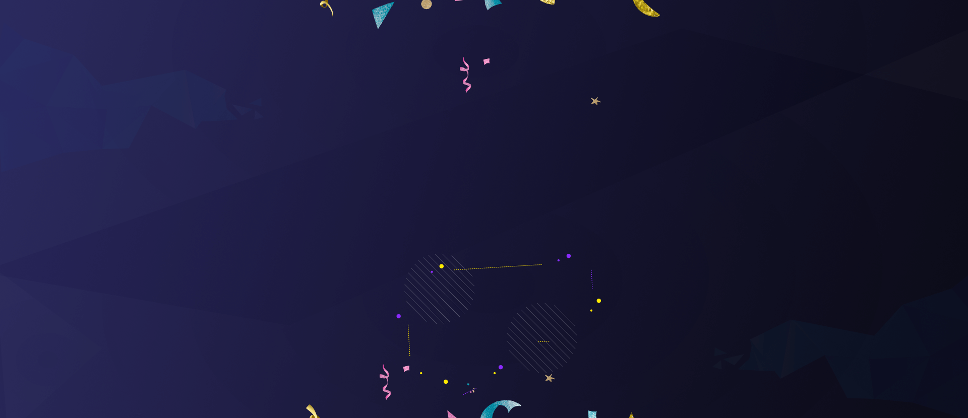 Dark navy abstract background with scattered confetti-like shapes in pink, yellow and teal suggesting a lively announcements board
